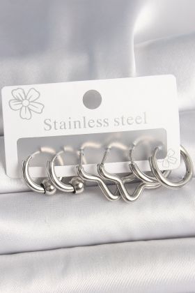 316L Çelik Gümüş Renk Halka Yıldız Model Kadın Küpe Seti - TJ-BKP10382