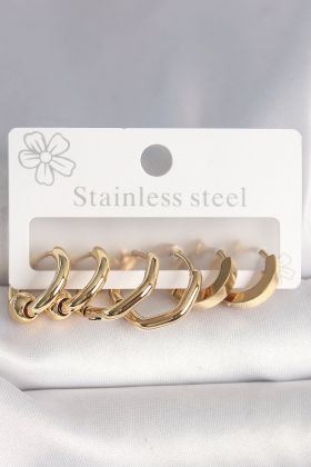 316L Çelik Gold Renk Altıgen Halka Model Kadın Küpe Seti - TJ-BKP10387