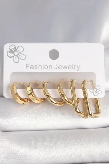 316L Çelik Gold Renk Kare Halka Model Kadın Küpe Seti - TJ-BKP10389