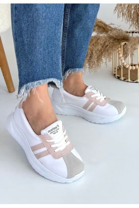 Beyaz Cilt Pudra Şeritli Spor Ayakkabı