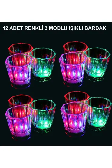 LED Işıklı Eğlence Bardakları - 3 Modlu Renk Değiştiren Bardak 12 Adet