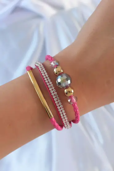 Pembe Renk Zirkon Taşlı Deri Çoklu Bileklik