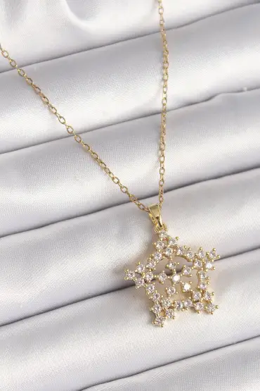 316L Çelik Gold Renk Zincir Zirkon Taşlı Kar Tanesi Model Kadın Kolye