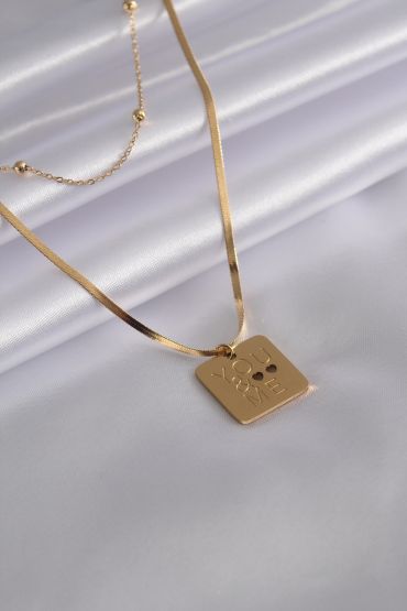 316L Çelik Gold Renk İtalyan Zincir 'You & Me' İşleme Kadın Kolye - TJ-BKO6980