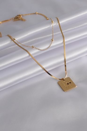 316L Çelik Gold Renk İtalyan Zincir 'You & Me' İşleme Kadın Kolye - TJ-BKO6980