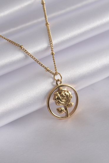 316L Çelik Gold Renk Gül Figür Kadın Kolye - TJ-BKO6986