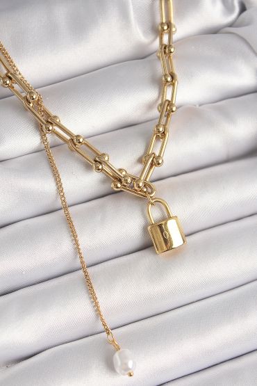 316L Çelik Gold Renk Tiffany Zincir Model Kilit Figür Sallantı İnci Detay Kadın Kolye - TJ-BKO9938