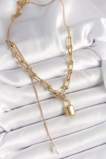 316L Çelik Gold Renk Tiffany Zincir Model Kilit Figür Sallantı İnci Detay Kadın Kolye - TJ-BKO9938