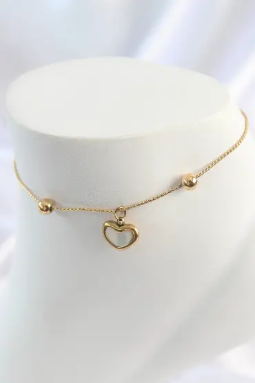316L Çelik Gold Renk Sallantı Mineli Kalp Figür Topçuk Detay Kadın Halhal - TJ-HH1649