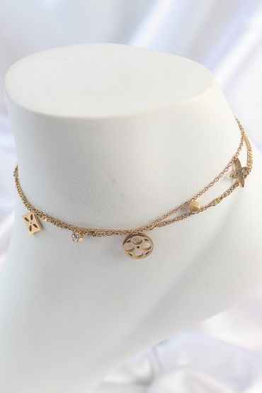 316L Çelik Gold Renk 2'Li Zincir Rüya Kapnı Figür Zirkon Taş Detay Kadın Halhal - TJ-HH1651