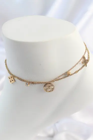 316L Çelik Gold Renk 2'Li Zincir Rüya Kapnı Figür Zirkon Taş Detay Kadın Halhal - TJ-HH1651