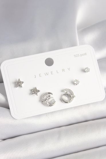 925 Ayar Gümüş Çivi Zirkon Taşlı Hilal Yıldız Model Kadın Küpe Seti - TJ-BKP10398