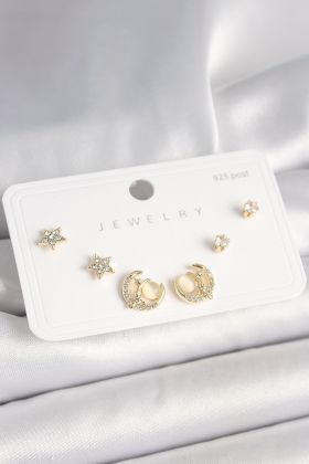 925 Ayar Gümüş Çivi Zirkon Taşlı Hilal Yıldız Model Kadın Küpe Seti - TJ-BKP10399
