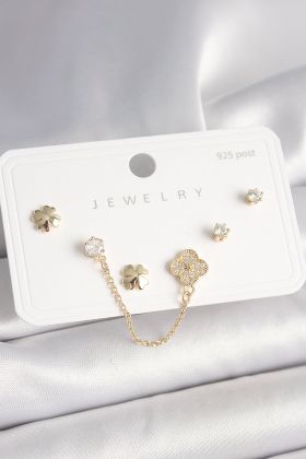 925 Ayar Gümüş Çivi Pirinç Gold Renk Zirkon Taşlı Yonca Model Sallantı Zincir Detay Kadın Küpe Seti - TJ-BKP10401