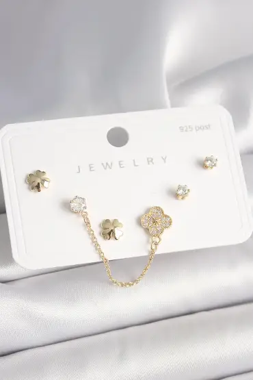 925 Ayar Gümüş Çivi Pirinç Gold Renk Zirkon Taşlı Yonca Model Sallantı Zincir Detay Kadın Küpe Seti - TJ-BKP10401