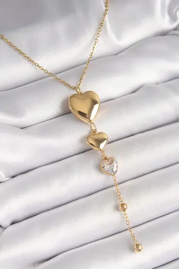 316L Çelik Gold Renk Sallantı Kalp Model Zirkon Taş Detaylı Kadın Kolye