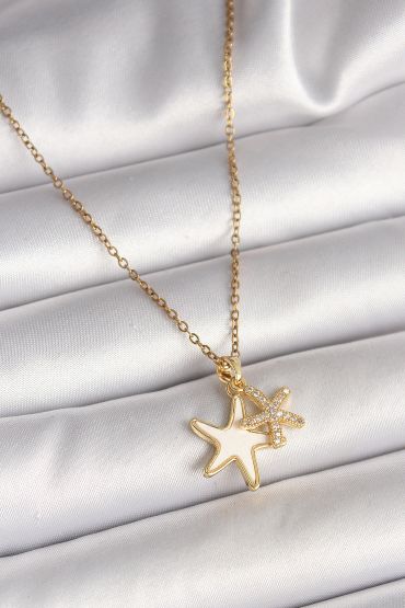316L Çelik Gold Renk Zincir Zirkon Taşlı Beyaz Mineli Deniz Yıldızı Model Kadın Kolye - TJ-BKO9944
