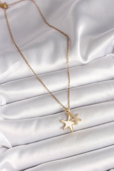 316L Çelik Gold Renk Zincir Zirkon Taşlı Beyaz Mineli Deniz Yıldızı Model Kadın Kolye - TJ-BKO9944