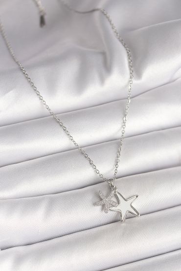 316L Çelik Gümüş Renk Zincir Zirkon Taşlı Beyaz Mineli Deniz Yıldız Model Kadın Kolye - TJ-BKO9945