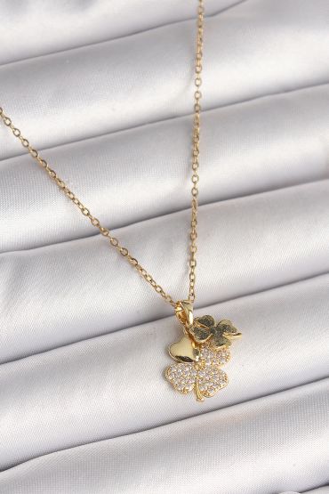 316L Çelik Gold Renk Zincir Sallantı Zirkon Taşlı Yonca Model Kadın Kolye - TJ-BKO9948