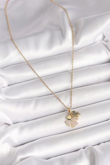 316L Çelik Gold Renk Zincir Sallantı Zirkon Taşlı Yonca Model Kadın Kolye - TJ-BKO9948