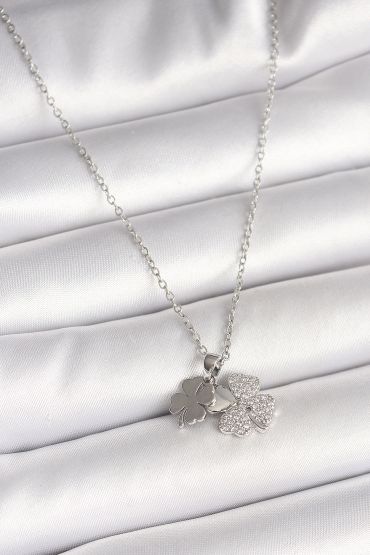 316L Çelik Gümüş Renk Zincir Sallantı Zirkon Taşlı Yonca Model Kadın Kolye - TJ-BKO9949