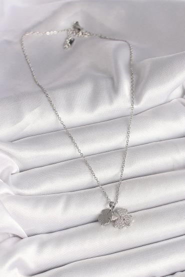 316L Çelik Gümüş Renk Zincir Sallantı Zirkon Taşlı Yonca Model Kadın Kolye - TJ-BKO9949