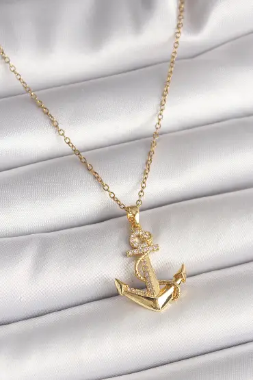316L Çelik Gold Renk Zincir Zirkon Taş Detaylı Çapa Model Kadın Kolye - TJ-BKO9950