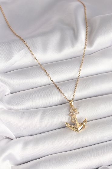 316L Çelik Gold Renk Zincir Zirkon Taş Detaylı Çapa Model Kadın Kolye - TJ-BKO9950