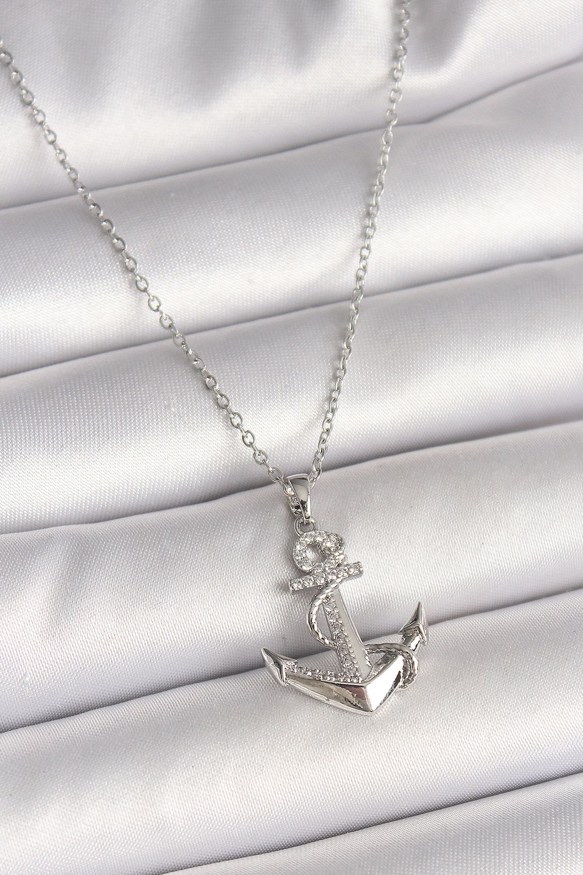 316L Çelik Gümüş Renk Zincir Zirkon Taş Detaylı Çapa Model Kadın Kolye - TJ-BKO9951