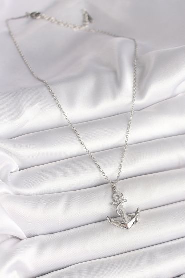 316L Çelik Gümüş Renk Zincir Zirkon Taş Detaylı Çapa Model Kadın Kolye - TJ-BKO9951