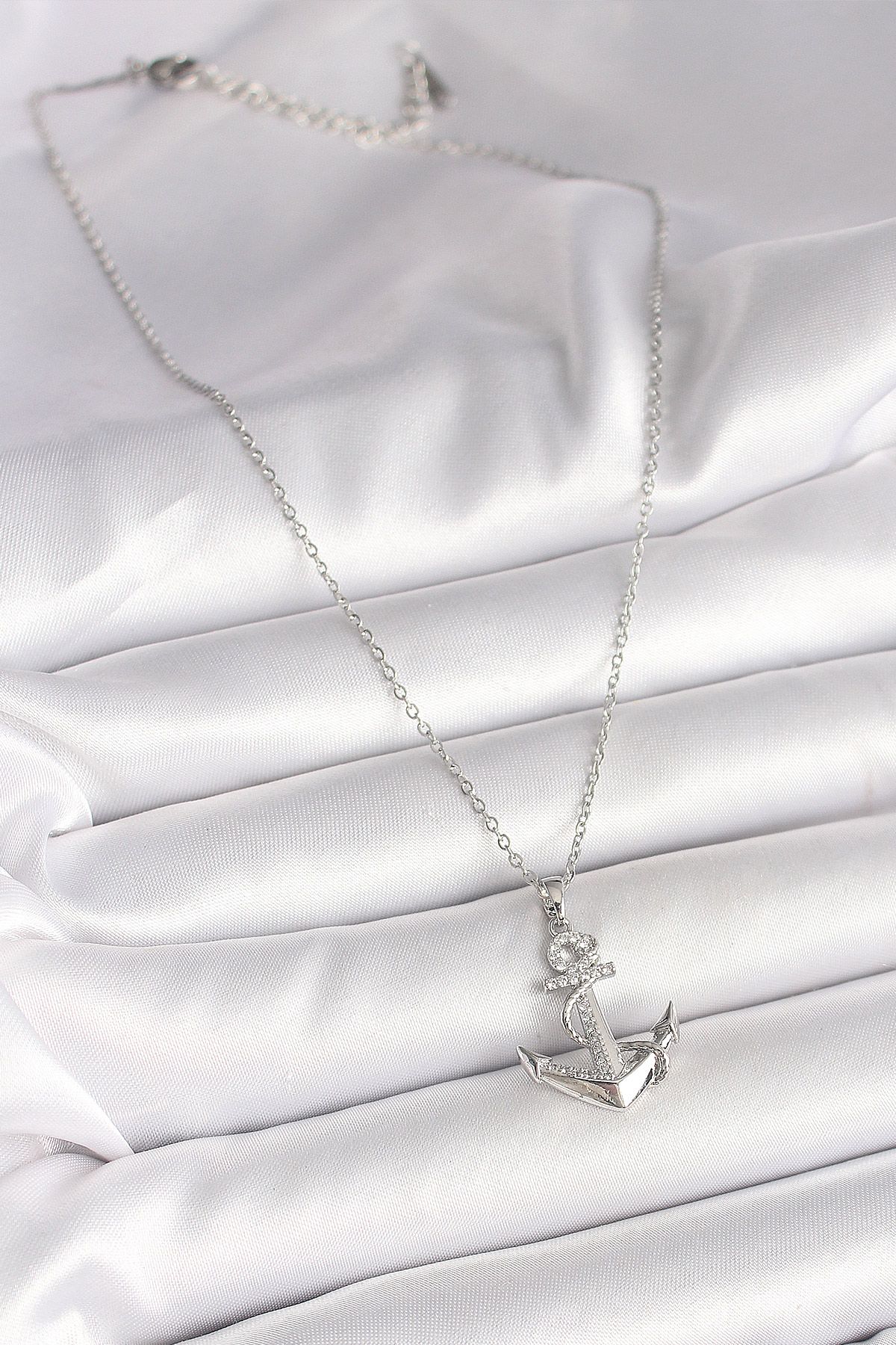 316L Çelik Gümüş Renk Zincir Zirkon Taş Detaylı Çapa Model Kadın Kolye - TJ-BKO9951