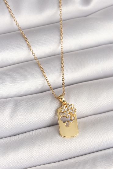 316L Çelik Gold Renk Zincir Zirkon Taşlı Yonca Model Kadın Kolye - TJ-BKO9954