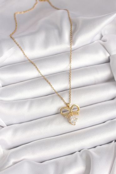 316L Çelik Gold Renk Zincir Zirkon Taşlı Kurdele Model Kadın Kolye - TJ-BKO9960