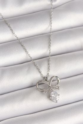 316L Çelik Gümüş Renk Zincir Zirkon Taşlı Kurdele Model Kadın Kolye - TJ-BKO9961