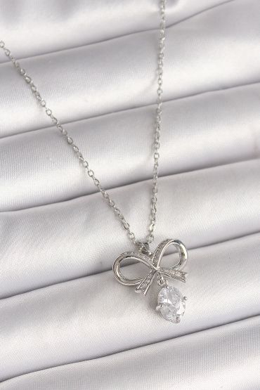 316L Çelik Gümüş Renk Zincir Zirkon Taşlı Kurdele Model Kadın Kolye - TJ-BKO9961