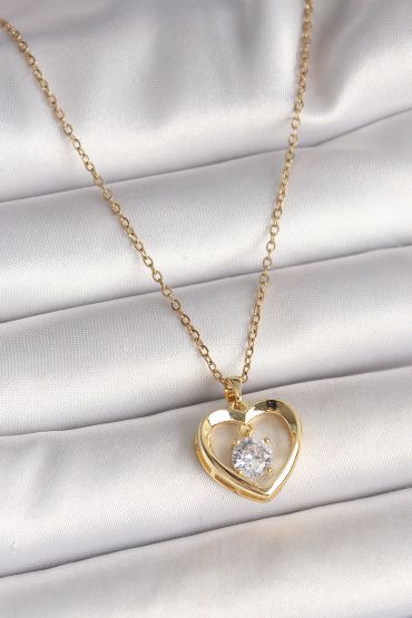 316L Çelik Gold Renk Zincir Zirkon Taşlı Kalp Model Kadın Kolye - TJ-BKO9962