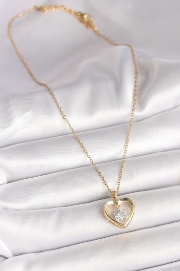 316L Çelik Gold Renk Zincir Zirkon Taşlı Kalp Model Kadın Kolye - TJ-BKO9962