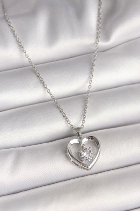 316L Çelik Gümüş Renk Zincir Zirkon Taşlı Kalp Model Kadın Kolye - TJ-BKO9963