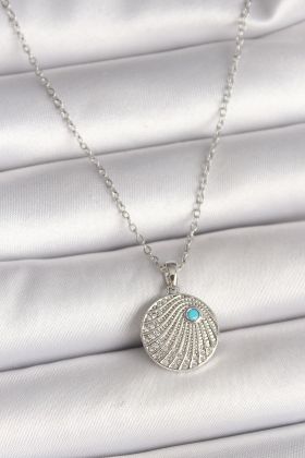 316L Çelik Gümüş Renk Zincir Zirkon Taşlı Mavi Taş Detaylı Madalyon Model Kadın Kolye - TJ-BKO9965