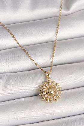 316L Çelik Gold Renk Zincir Zirkon Taşlı Güneş Model Kadın Kolye - TJ-BKO9966