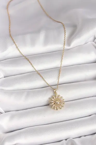 316L Çelik Gold Renk Zincir Zirkon Taşlı Güneş Model Kadın Kolye - TJ-BKO9966