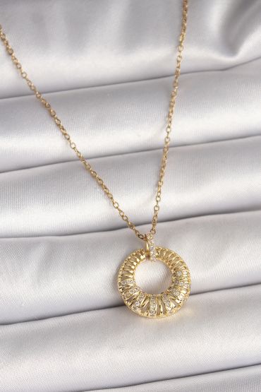 316L Çelik Gold Renk Zincir Zirkon Taş İşlemeli Daire Model Kadın Kolye - TJ-BKO9968