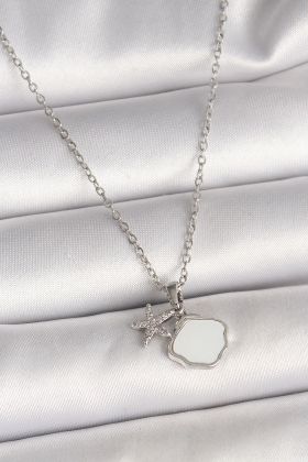 316L Çelik Gümüş Renk Zincir Sallantı Beyaz Mineli Deniz Kabuğu Zirkon Taşlı Deniz Yıldızı Figür Kadın Kolye - TJ-B