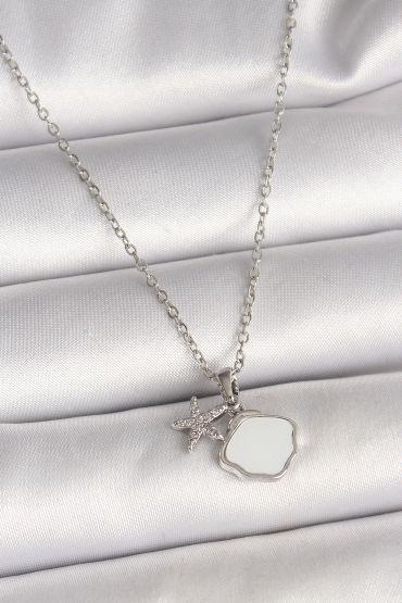 316L Çelik Gümüş Renk Zincir Sallantı Beyaz Mineli Deniz Kabuğu Zirkon Taşlı Deniz Yıldızı Figür Kadın Kolye - TJ-B