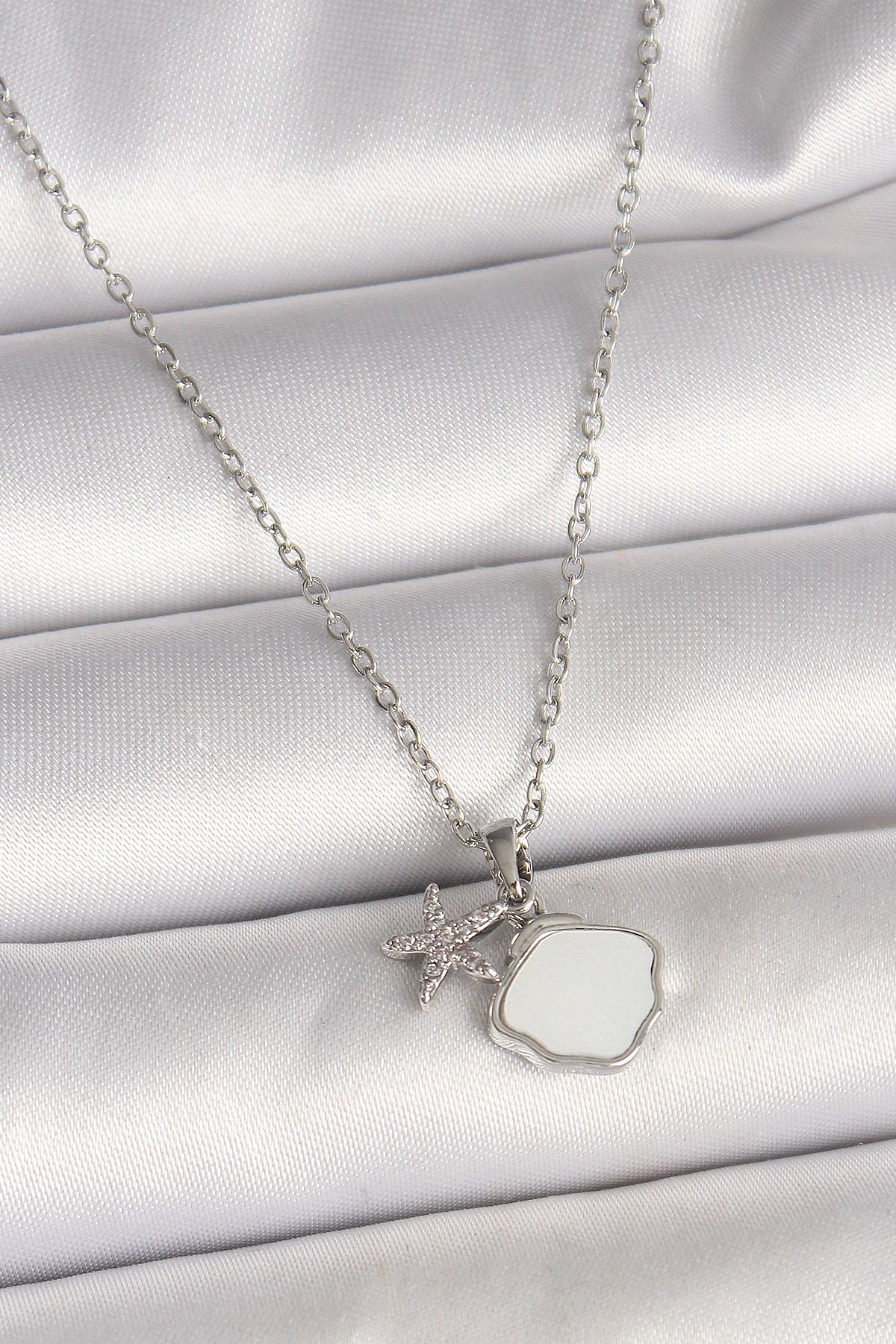 316L Çelik Gümüş Renk Zincir Sallantı Beyaz Mineli Deniz Kabuğu Zirkon Taşlı Deniz Yıldızı Figür Kadın Kolye - TJ-B