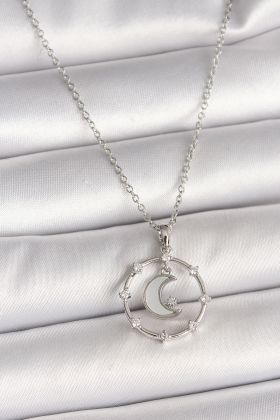 316L Çelik Gümüş Renk Zincir Zirkon Taşlı Beyaz Mineli Hilal Model Kadın Kolye - TJ-BKO9972