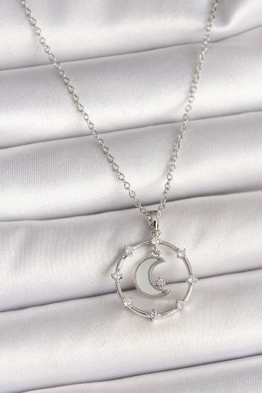 316L Çelik Gümüş Renk Zincir Zirkon Taşlı Beyaz Mineli Hilal Model Kadın Kolye - TJ-BKO9972