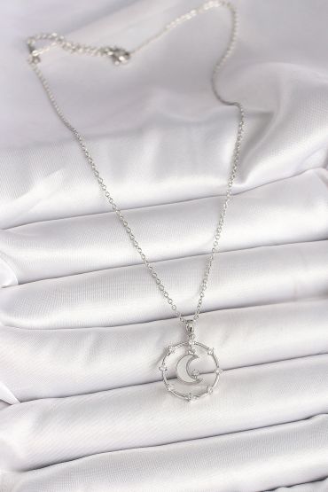 316L Çelik Gümüş Renk Zincir Zirkon Taşlı Beyaz Mineli Hilal Model Kadın Kolye - TJ-BKO9972