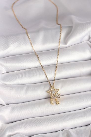 316L Çelik Gold Renk Zincir Zirkon Taşlı Yıldız Model Sallanı Ay Yıldız Detay Kadın Kolye - TJ-BKO9973